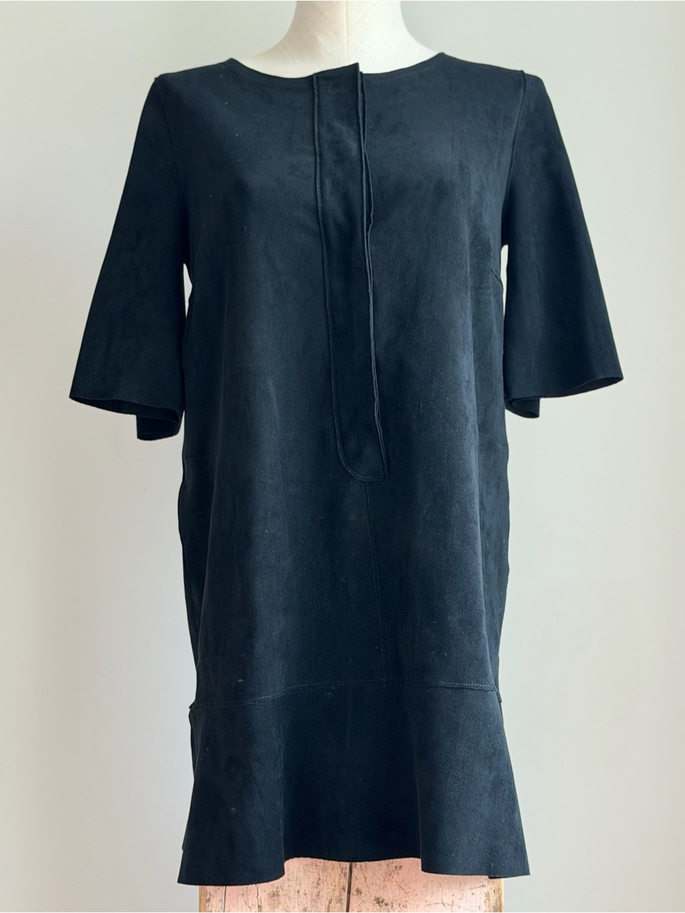 Women’s Black Suede Midi Dress - Classic Short Sleeve Shift